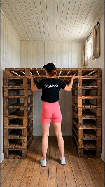 Она соорудила кровать из старых деревянных поддонов.