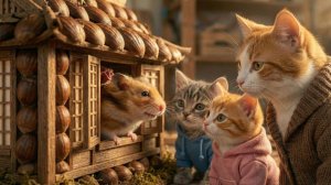 Мама-кошка и двое котят построили крошечный домик для спасенного хомячка