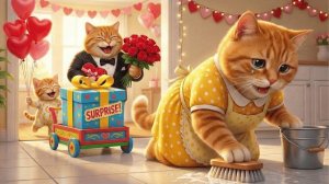 Кошка чувствует себя забытой в День святого Валентина. Подождите, пока она увидит папу и рыжего кота