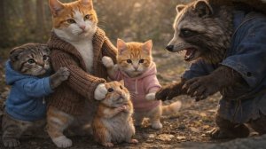 Мама-кошка и ее котята спасают бедного маленького хомячка