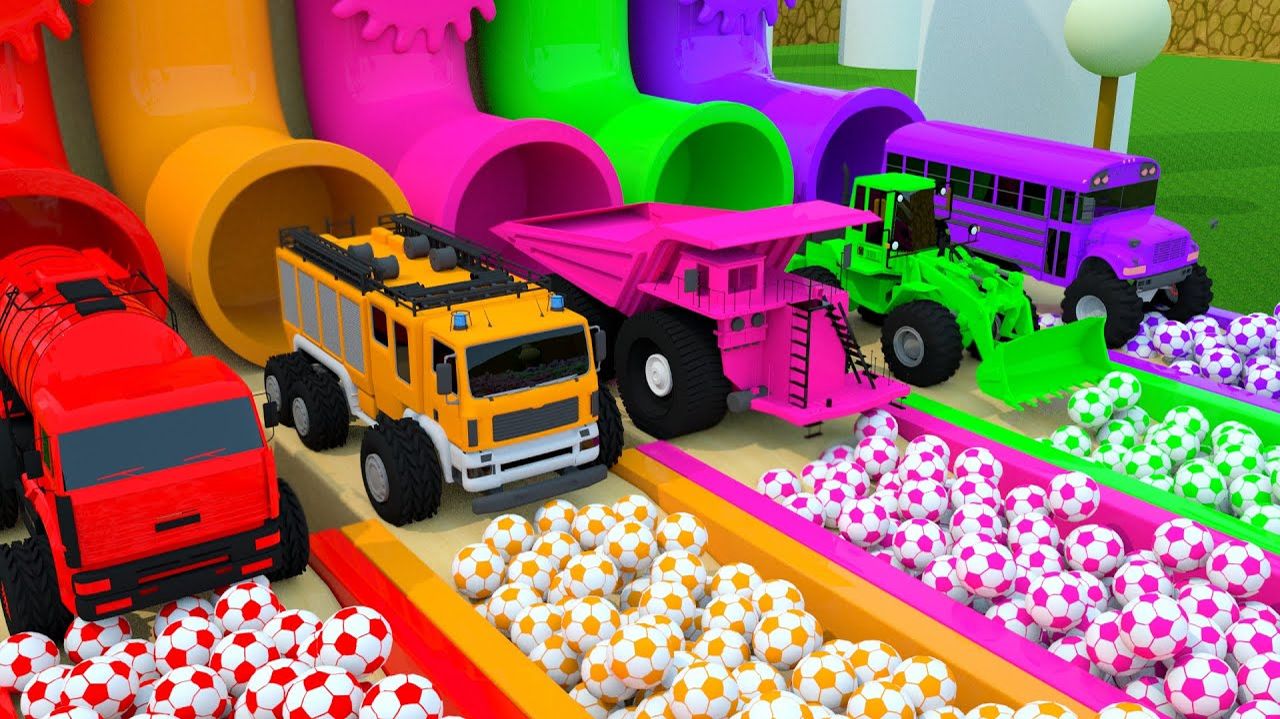 Учим цвета с помощью уличного транспорта на волшебной горке и футбольного мяча для детей