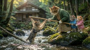 Бабушка-кошка и ее двое котят спасают крошечного котенка, застрявшего на ветке дерева у ручья