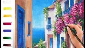 Дворик у моря. Как нарисовать пейзаж АКРИЛ! Мастер-класс ДЕМО