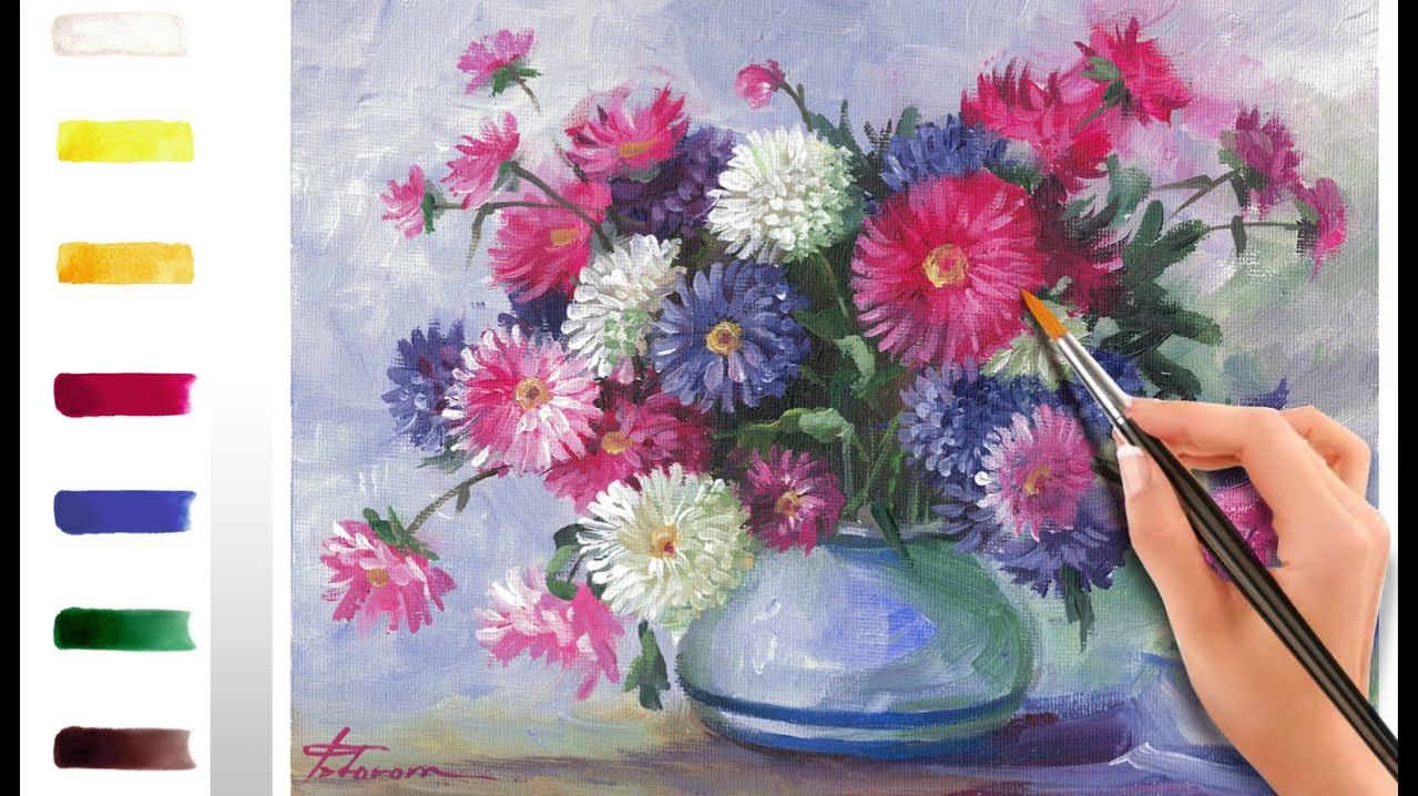 Астры. Как нарисовать цветы АКРИЛ! ДЕМО