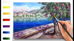 Набережная у моря. Как нарисовать пейзаж АКРИЛ! Мастер-класс ДЕМО