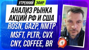 Анализ рынка акций РФ и США/ ROSN, GAZP, NMTP, MSFT, PLTR, CVX/ CNY, COFFEE, BR