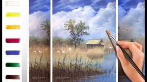 Цапли на озере. Как нарисовать пейзаж АКРИЛ! Мастер-класс ДЕМО