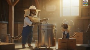 🍿 🐾 Папа-кот и его маленький помощник: как прошел их первый день на пасеке! 🐝