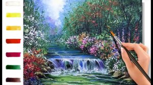 Цветник у водопада. Как нарисовать пейзаж АКРИЛ! Сезон 8-9 | Мастер-класс ДЕМО