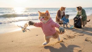 Особенный отпуск кошачьей семьи: уборка пляжа вместе