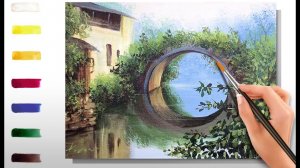 Мост над рекой. Как нарисовать пейзаж АКРИЛ! Мастер-класс ДЕМО