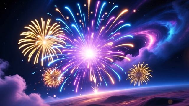 Яркий праздничный фейерверк на фоне галактики 🎆✨ Магия космоса!