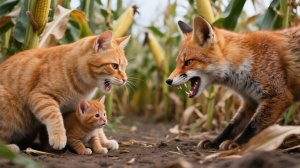 Мама-кошка бросает вызов свирепой лисе, чтобы защитить своего котенка.