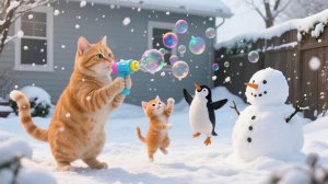 Рыжик и мама-кошка отправляются кататься на лыжах и спасают застрявшего пингвиненка!