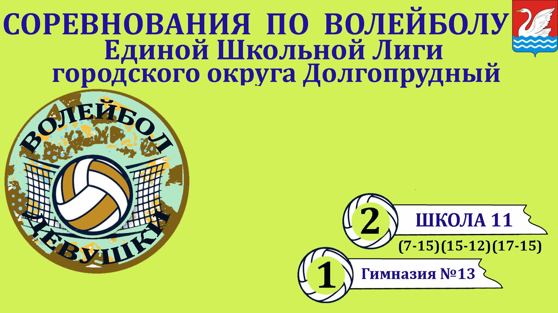 СОШ 11  2-1  (7-15)(15-12)(17-15)  Гимназия 13