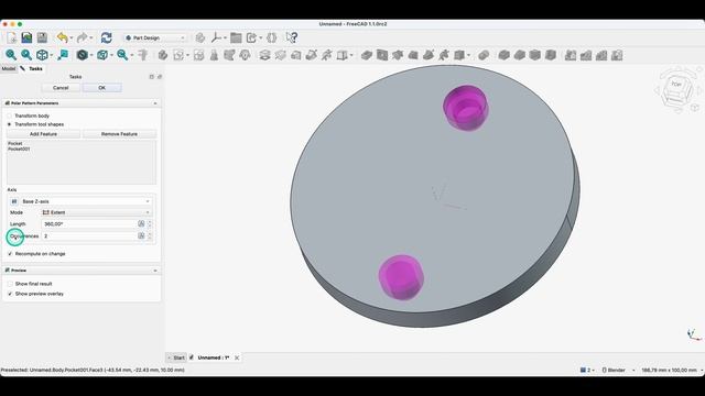 Учебное пособие по FreeCAD Polar Pattern (круговой массив) Быстрое дублирование отверстий