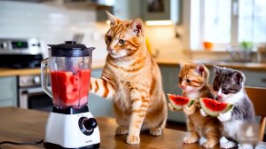 😹Мама кошечка кормит сочным и вкусным арбузом своих маленьких котяток🔥