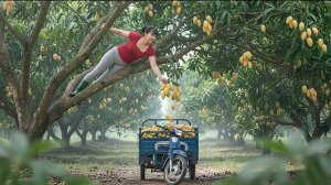 Большой сбор манго, стручковой фасоли и джекфрукта. Торгуем фруктами и овощами на рынке. Фуонг