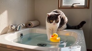 котик ловит уточку