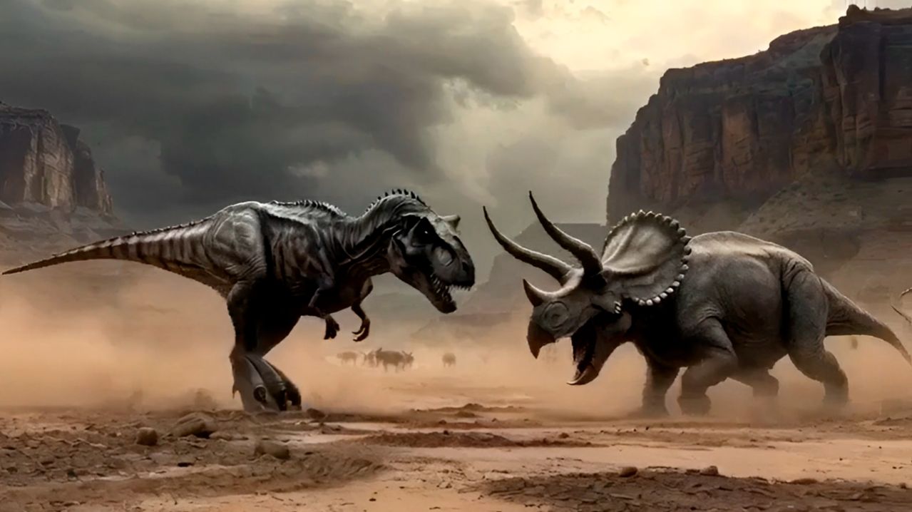 ДИНОЗАВРЫ битва ТИРАНОЗАВР против ТРИЦЕРАТОПСА мультики смотреть 3+