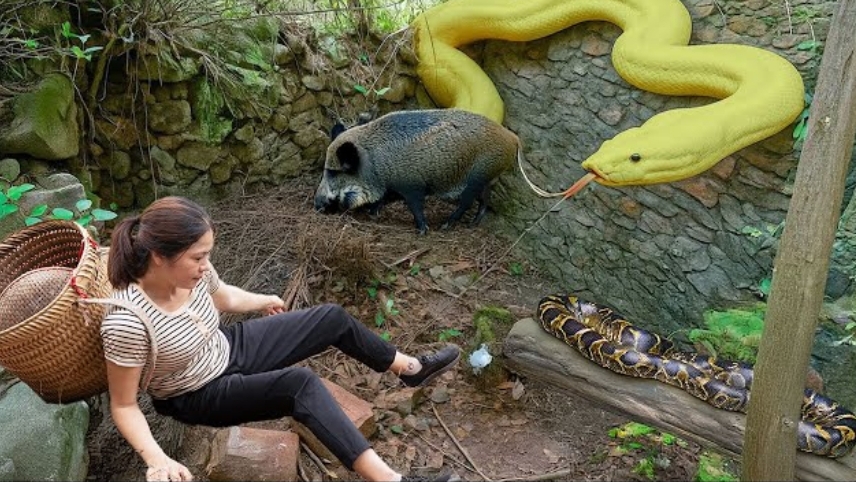 Выживание в дикой природе, женщина оказалась между питоном и дикими кабанами.