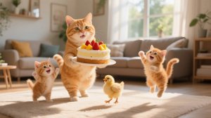 Мама-кошка печет вкусный клубничный тортик для Рыжика и обретает друга-цыпленка 🐣🍰