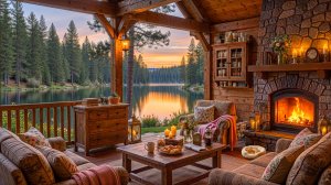 Закат у лесного озера 🌅 Камин и тёплый вечер на веранде