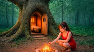 Девушка одиночка строит скрытый дом в стволе дерева. Бушкрафт