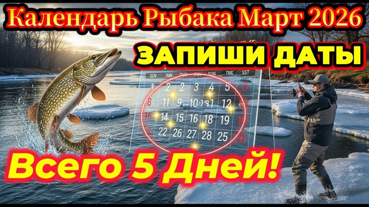 Прогноз клева рыбы на Март 2026 года. Лунный календарь рыбака. Календарь рыбака на Март 2026