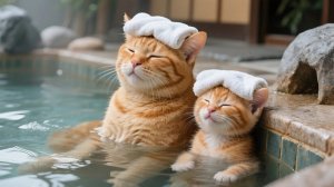 Рыжик и мама-кошка работают в бане, а после трудового дня отдыхают в горячем источнике! 🍱💆♀️