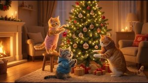 Теплая Рождественская ночь – Мама-кошка и двое ее котят празднуют вместе