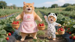 Джинджер собирает клубнику с мамой-кошкой и проводит урок после дождя 🍓🌧️ Смешные видео с кошками