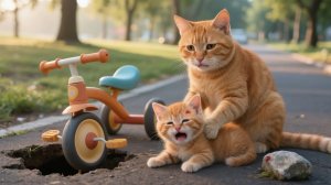 Рыжик падает с велосипеда, мама-кошка везет его в больницу и заботится о нем!