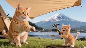 Рыжик и мама-кошка разбили лагерь у подножия Фудзи и спасают тонущую трёхцветную кошечку 🏕️🐱💧