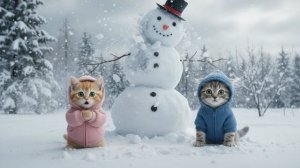 Уютная зимняя история о двух кошечках-котятах - Мастерят снеговика и катаются на коньках