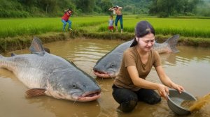 Увлекательная дикая рыбалка, ловим крупную рыбу руками, сливая воду из пруда.
