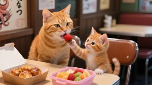 Мама-кошка работает в лавке с такояки, чтобы купить подарок для Рыжика на День детей! 🎁