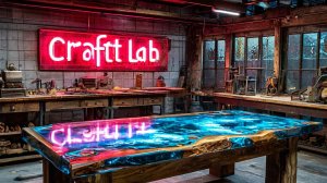 Стол из эпоксидной смолы, массива с микросхемами и деталями приборов