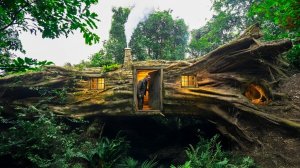 Построил идеальное укрытие в стволе гигантского поваленного дуба. Бушкрафт