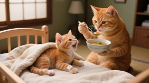 У Рыжика разболелся живот от мороженого – мама-кошка готовит целебный мисо-суп 🍲🐾