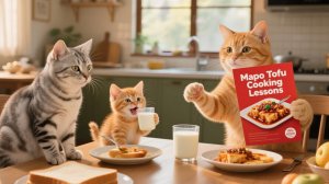 Мама-кошка принимает вызов — готовит тофу! А Рыжик с папой-котом убираются и складывают кораблики