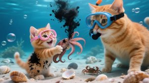 Чтобы купить подарок, Рыжик и мама-кошка ловят кальмаров и продают морепродуктовый рис!