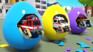 Учим цвета с бульдозером, трактором, самосвалом и монстр-траком в яйцах-сюрпризах Мульт про грузовик