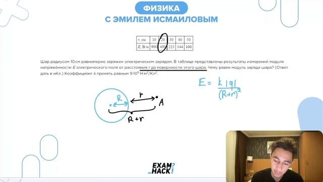 Шар радиусом 10 см равномерно заряжен электрическим зарядом. В таблице представлены - №24645