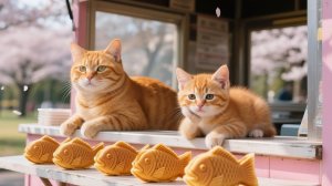 Рыжик и мама-кошка продают тайяки, помогают потерявшейся девочке и получают сладкий сюрприз!