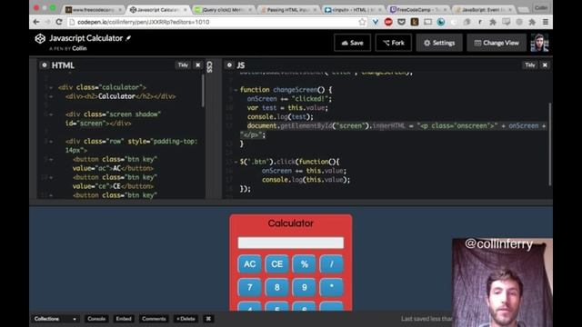 freeCodeCamp.org - 0044 - collinferry working on his JS calculator