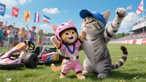 Рыжик участвует в картинговой гонке вместе с папой-котом, чтобы подарить маме-кошке робот-пылесос