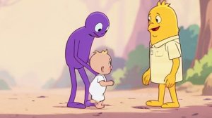 Фиолетовый папа передает ребенка желтой маме