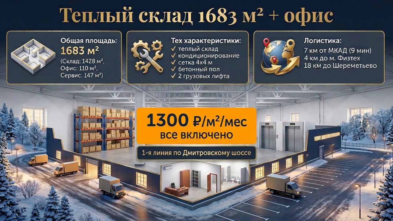 Теплый склад с офисом  М.О. д. Грибки Сдается в аренду 1683 м2  1300₽/м2 в мес.  7 км. от МКАД