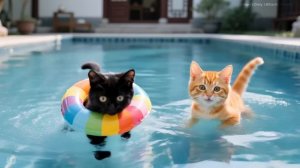 Маленькая чёрная кошечка и её мама присоединяются к семье Рыжика на летнем барбекю у бассейна